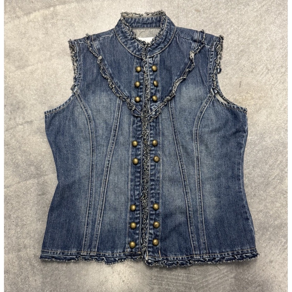 Y2K Charlotte Russe Denim Ruffle Snap Vest Womens Blue Fitted Western Boho Small